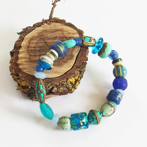 Bracelet tribal ethnique boho perles verre soufflé os de yak céramique