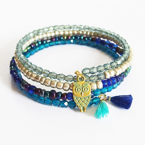 Bracelet boho manchette multirangs perles de verre "la reine de la nuit"