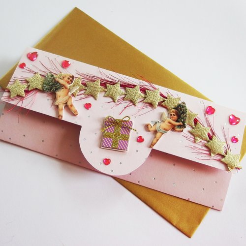 Carte enveloppe pochette pour chèque-cadeau shabby guirlande d'étoiles avec anges