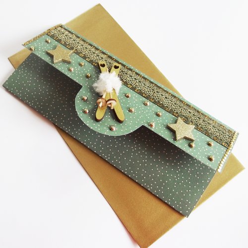 Carte voeux noël jour de l'an sports d'hiver enveloppe pochette pour chèque-cadeau