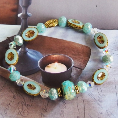 Bracelet perles verre tchèque de bohème bleu blanc