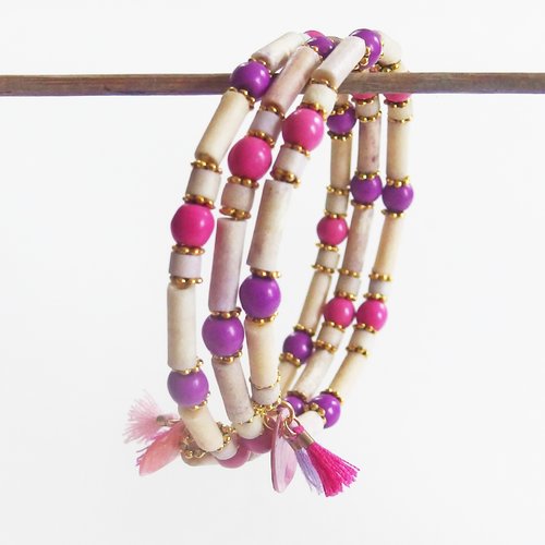 Bracelet boho manchette multirangs "oursin des côtes" violet rose