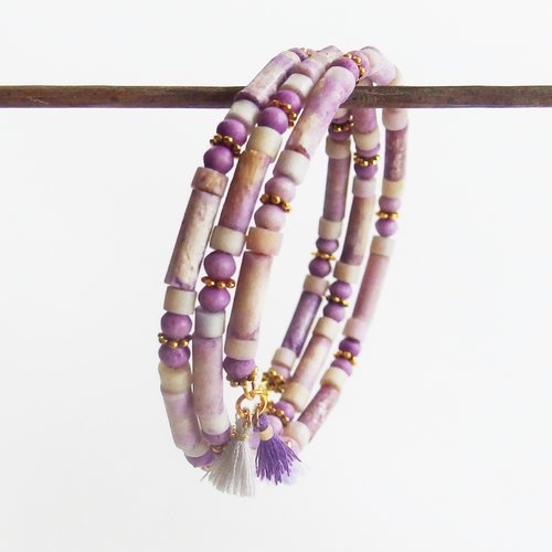 Bracelet boho manchette multirangs "oursin des côtes" violet