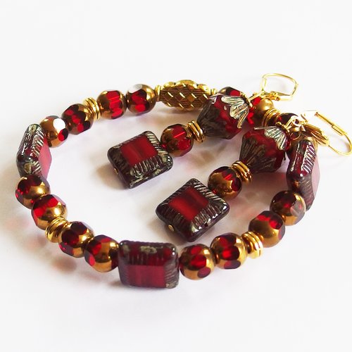 Parure bijoux vintage downton abbey rouge et or
