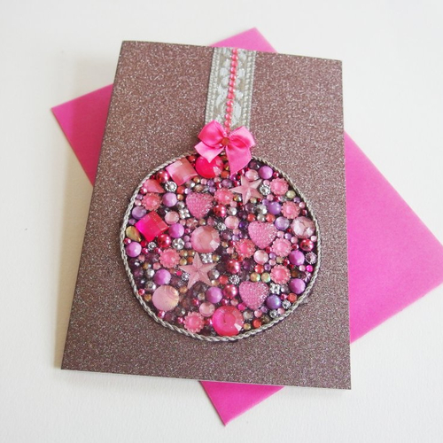Carte-bijou voeux noël jour de l'an bonne année brillants strass rose fuchsia