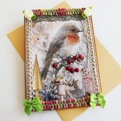 Carte voeux jour de l'an bonne année avec oiseau rouge-gorge