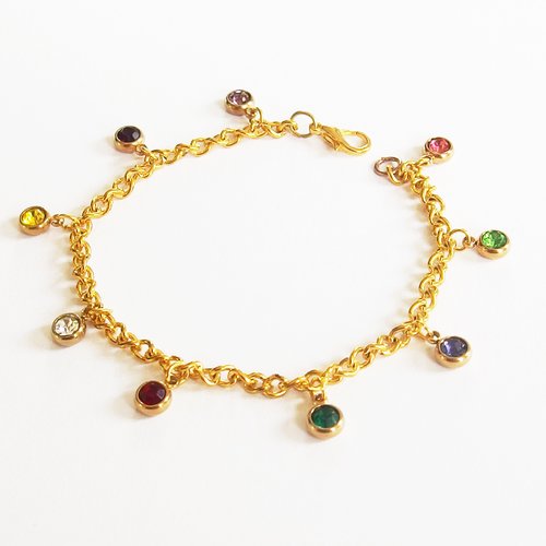Bracelet gourmette chaine anneaux breloques strass