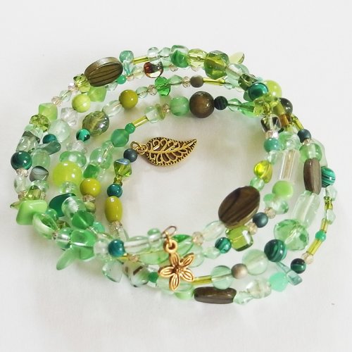 Bracelet manchette multirangs boho chic vert et or