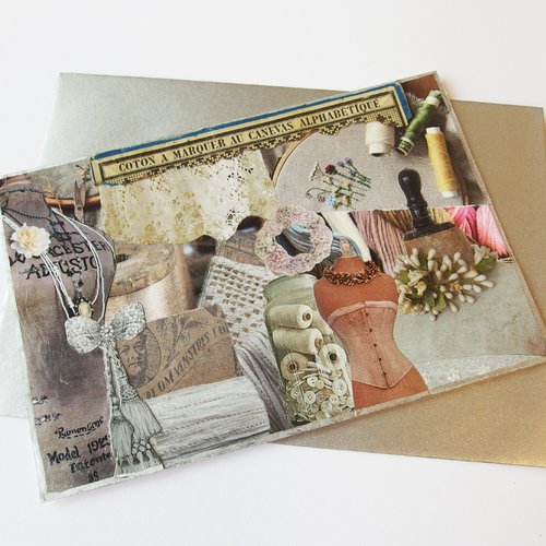 Carte postale collage vintage "trésors de couturière"