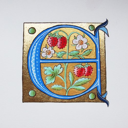 Enluminure sur papier - lettrine e - or 23 carats et pigments