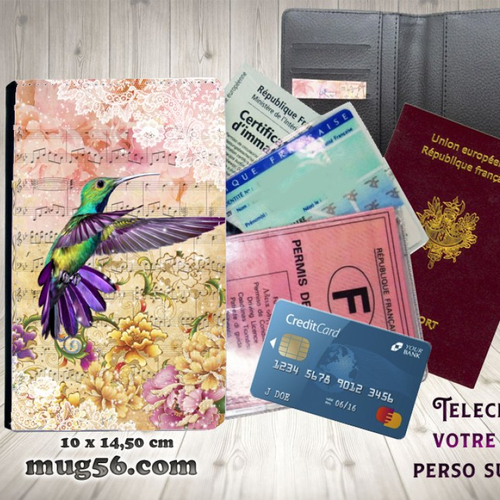 Protège passeport, porte cartes, colibri #102