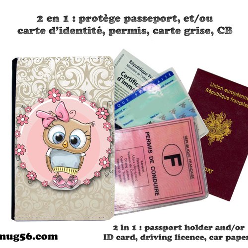 Protège passeport, porte cartes, hibou, chouette #103