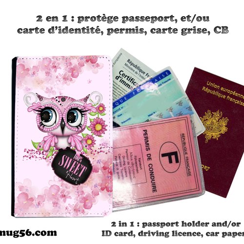 Protège passeport, porte cartes, hibou, chouette #104