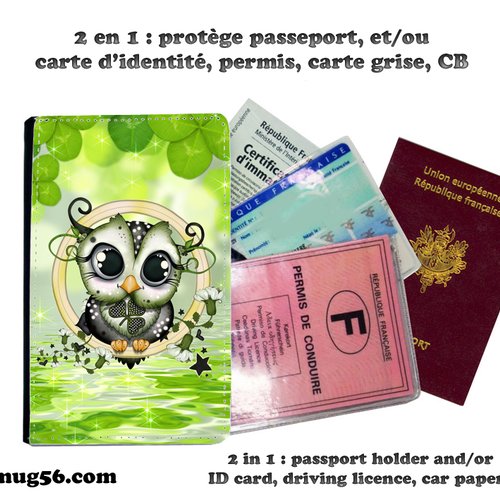 Protège passeport, porte cartes, hibou, chouette #112