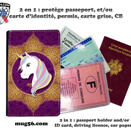 Protège passeport, porte cartes, licorne #112