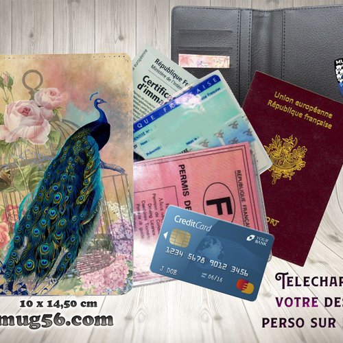 Protège passeport, porte cartes, paon #101