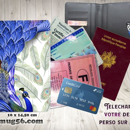 Protège passeport, porte cartes, paon #102