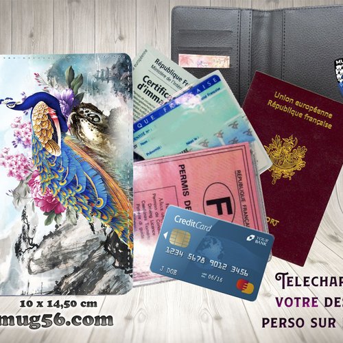 Protège passeport, porte cartes, paon #103