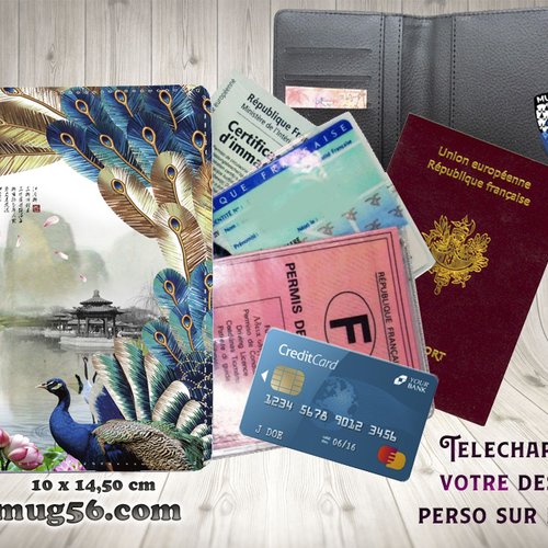 Protège passeport, porte cartes, paon #106