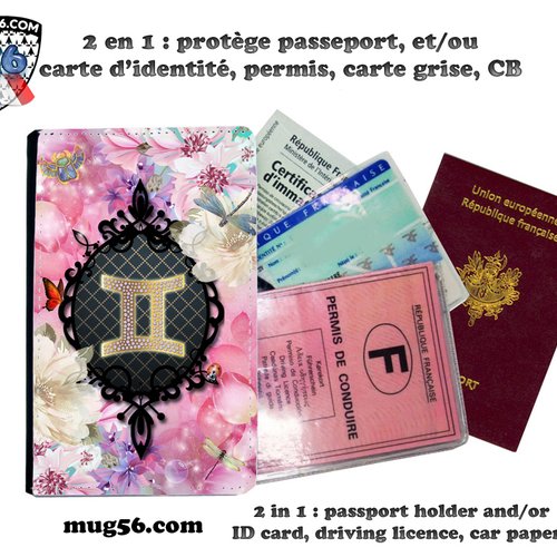 Protège passeport, porte cartes, signe du zodiaque gémeaux 01