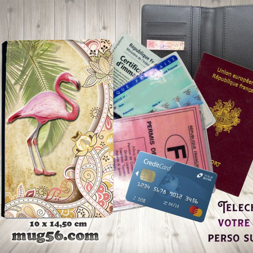 Protège passeport, porte cartes, flamant rose 004