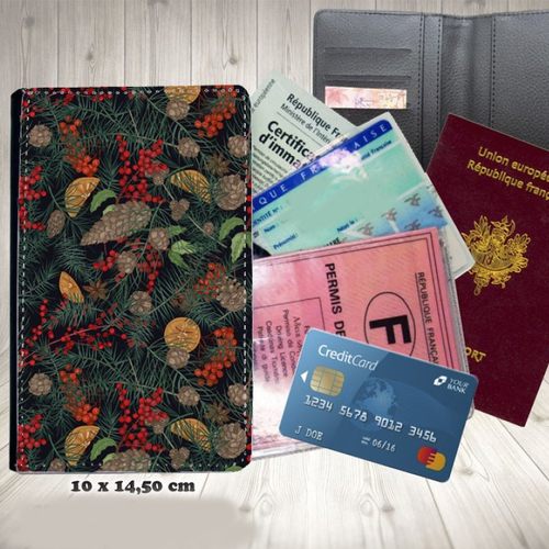 Protège passeport, porte cartes,saison hiver 002 sapin pin, noel,