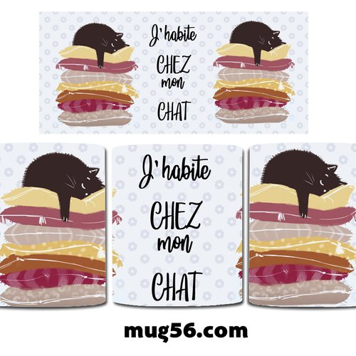 Design pour sublimation de mugs jpeg (fichier numérique) - chat 014 "j'habite chez mon chat"