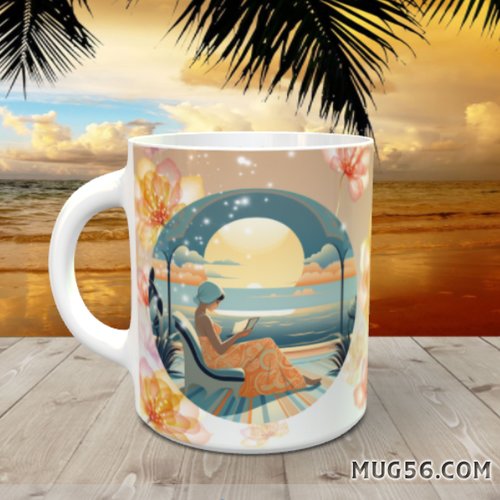 Design pour sublimation de mugs jpeg (fichier numérique) - art déco 002 femme lecture plage