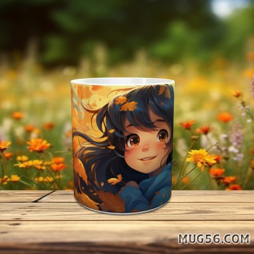 Design pour sublimation de mugs jpeg (fichier numérique) - automne 047 feuilles mortes fille manga animé