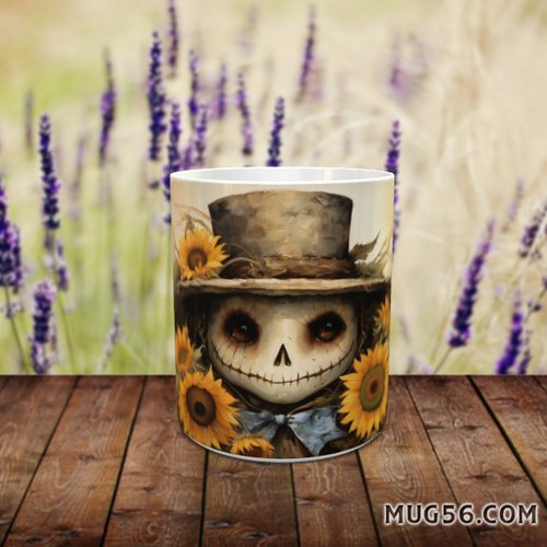 Design pour sublimation de mugs jpeg (fichier numérique) - halloween 014 squelette, épouvantail, tournesols