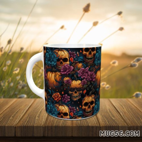 Design pour sublimation de mugs jpeg (fichier numérique) - halloween 038 citrouilles, têtes de mort, roses