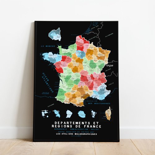 Carte des nouvelles régions et départements de france 50x70cm 2024