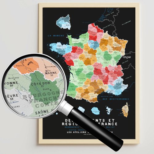 Carte des nouvelles régions et départements de france 50x70cm 2024