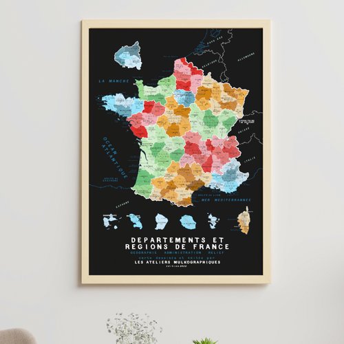 Carte des nouvelles régions et départements de france 50x70cm