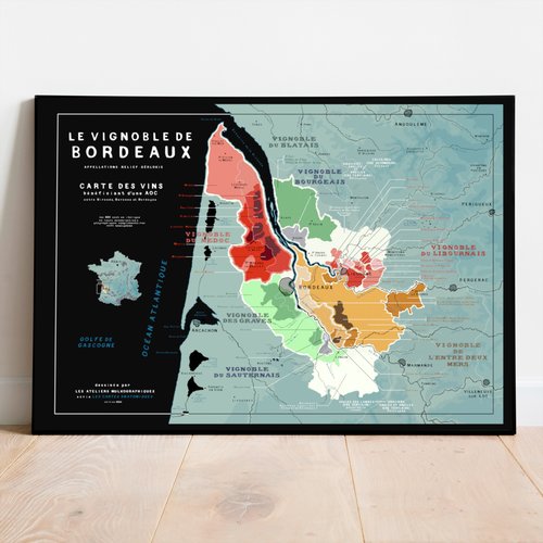 Carte des vins de bordeaux 70x50cm, appellations, relief et géologie
