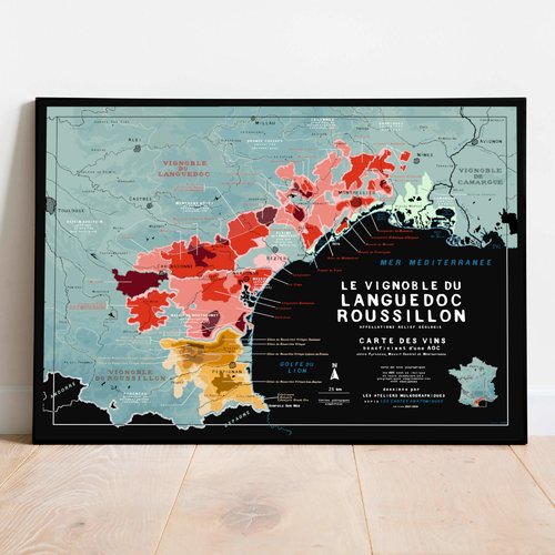 Carte des vins du languedoc-roussillon 70x50cm, appellations, relief et géologie