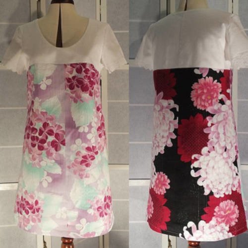 Petite robe trapèze à fleurs roses et blanches sur fond noir ou rose à manches courtes en tissu coton et lin 