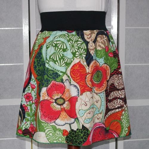 Jupe taille élastique forme trapèze ample coton multicolore motifs fleurs 