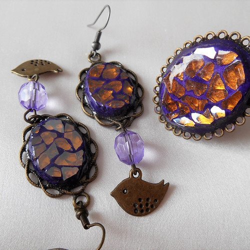 Parure bijoux mosaique miroir craquelé orange et violet