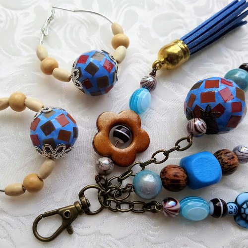 Parure: bijou de sac + boucles d'oreilles en mosaïque marron et bleu.