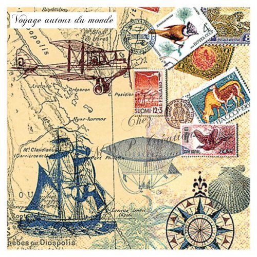 Serviette en papier 33x33 cm par lot de 5 - " voyage autour du monde "