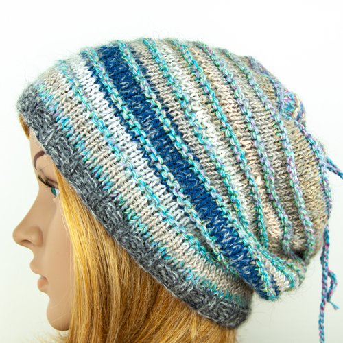 Vendu! bonnet echarpe snood alpaga superfine laine coton tricot à la main oversize long unisexe slouchy boho hippie bleu turquoi