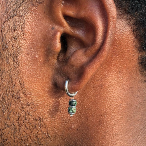 Boucles d’oreilles hommes – acier inoxydable argent, hématite argent & turquoise africaine, bijoux minimalistes