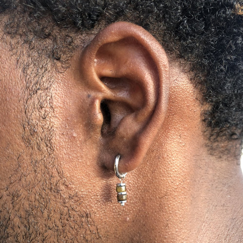Boucles d’oreilles hommes – acier inoxydable argent, hématite argent & œil de tigre, bijoux minimalistes