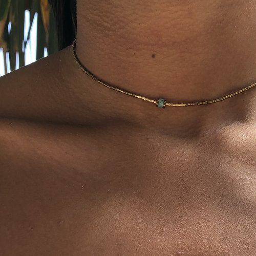 Collier fin perles couleur bronze clair & dorées – hématite & turquoise africaine, bijou réglable bohème chic