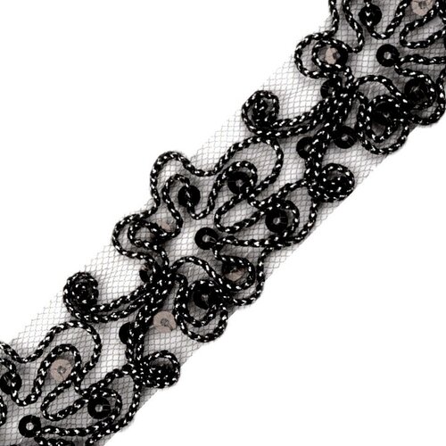 Ruban de sequins et cordon lurex noir 35mm  / large dentelle mariage, ruban broderie dentelle, dentelle brodée