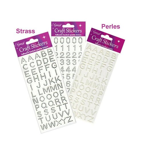 2 planches de stickers alphabet autocollant perles ou strass, lettres ou chiffres