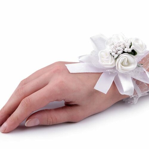 Bracelet mariage satin blanc ivoire et organza avec fleurs, mariage champêtre romantique naturel