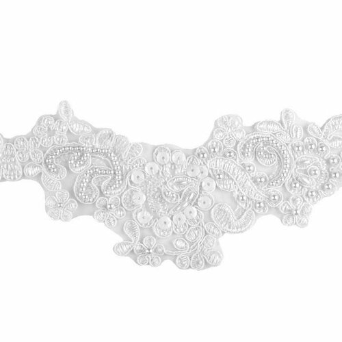 Application dentelle sequins perles 8x22cm / patch appliqué décoration fleurs sur tulle, fleurs dentelle de venise mariage