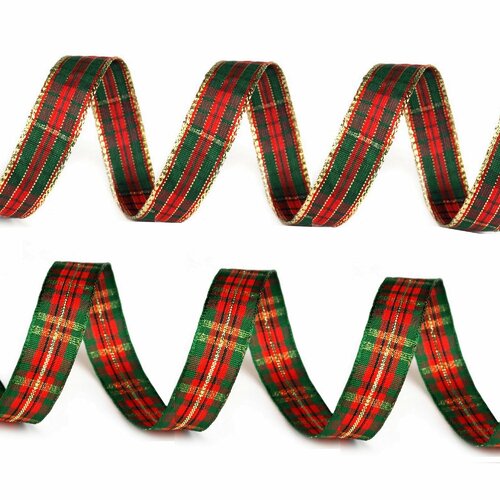 Ruban tartan métallisé 15mm / rouge, vert et or / ruban de noël, ruban à carreaux, ruban écossais, décoration noël